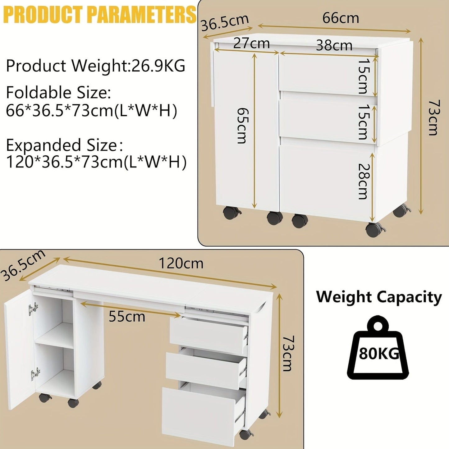Bureau blanc avec rangement 120 X 36.5 X 73 Cm