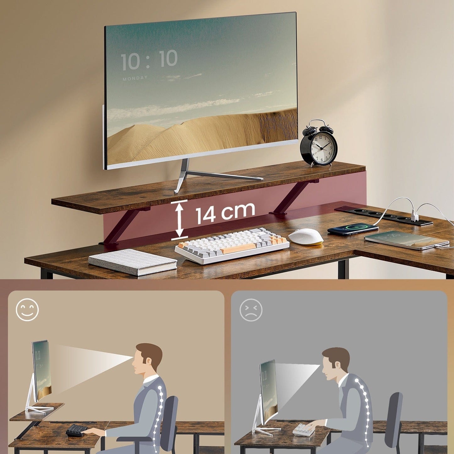 Bureau en L avec multiprise intégré, avec rehausseur d'écran, LED intégré, 2 tiroirs, 2 ports USB