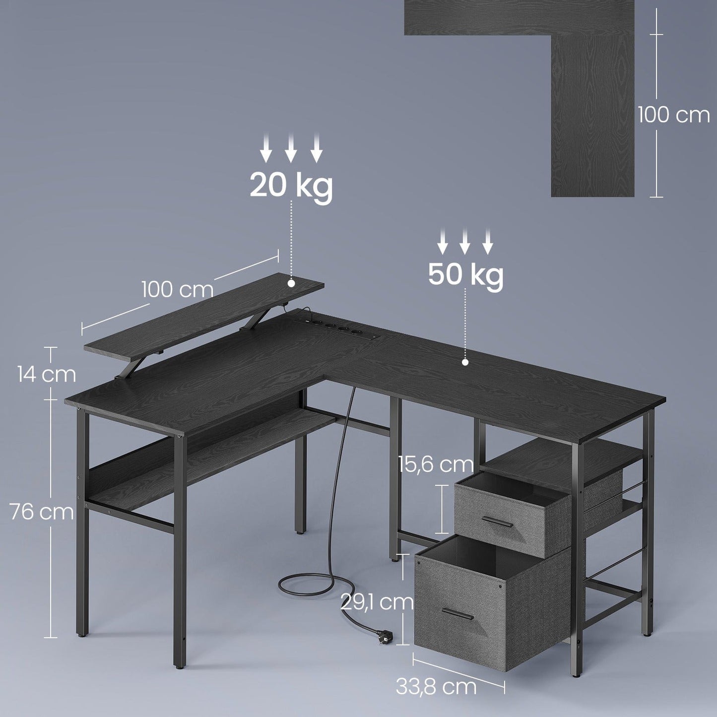 Bureau en L avec multiprise intégré, avec rehausseur d'écran, LED intégré, 2 tiroirs, 2 ports USB