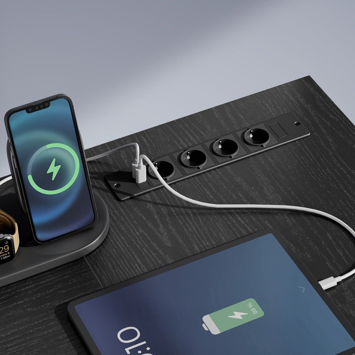 Bureau en L avec multiprise intégré, avec rehausseur d'écran, LED intégré, 2 tiroirs, 2 ports USB