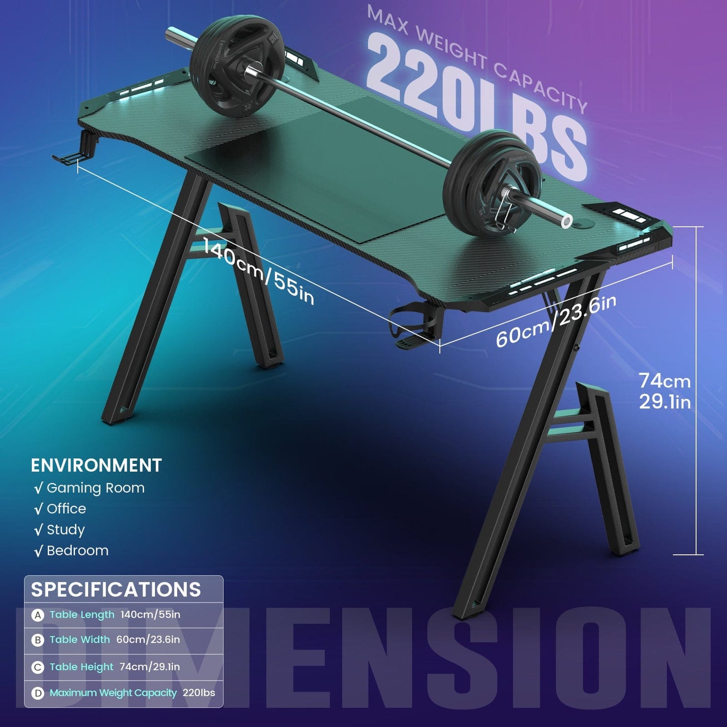 Bureau gamer plateau fibre carbone – 120 x 60 / 140 x 60 / 160 x 60