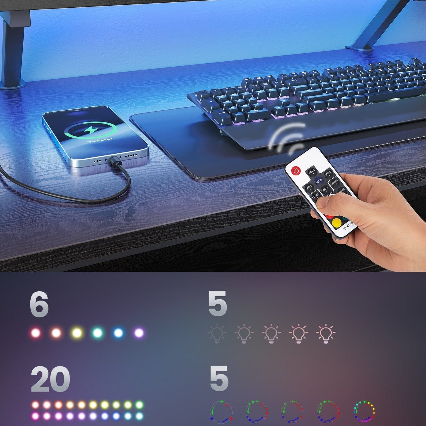 Bureau en L avec multiprise intégré, avec rehausseur d'écran, LED intégré, 2 tiroirs, 2 ports USB