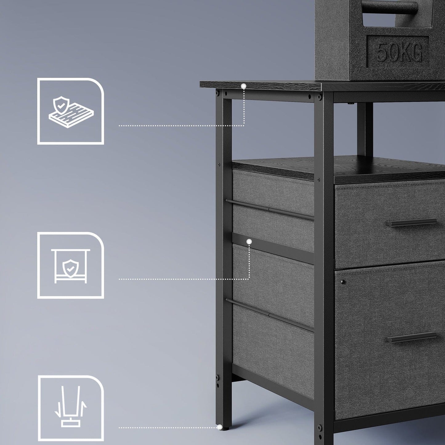 Bureau en L avec multiprise intégré, avec rehausseur d'écran, LED intégré, 2 tiroirs, 2 ports USB