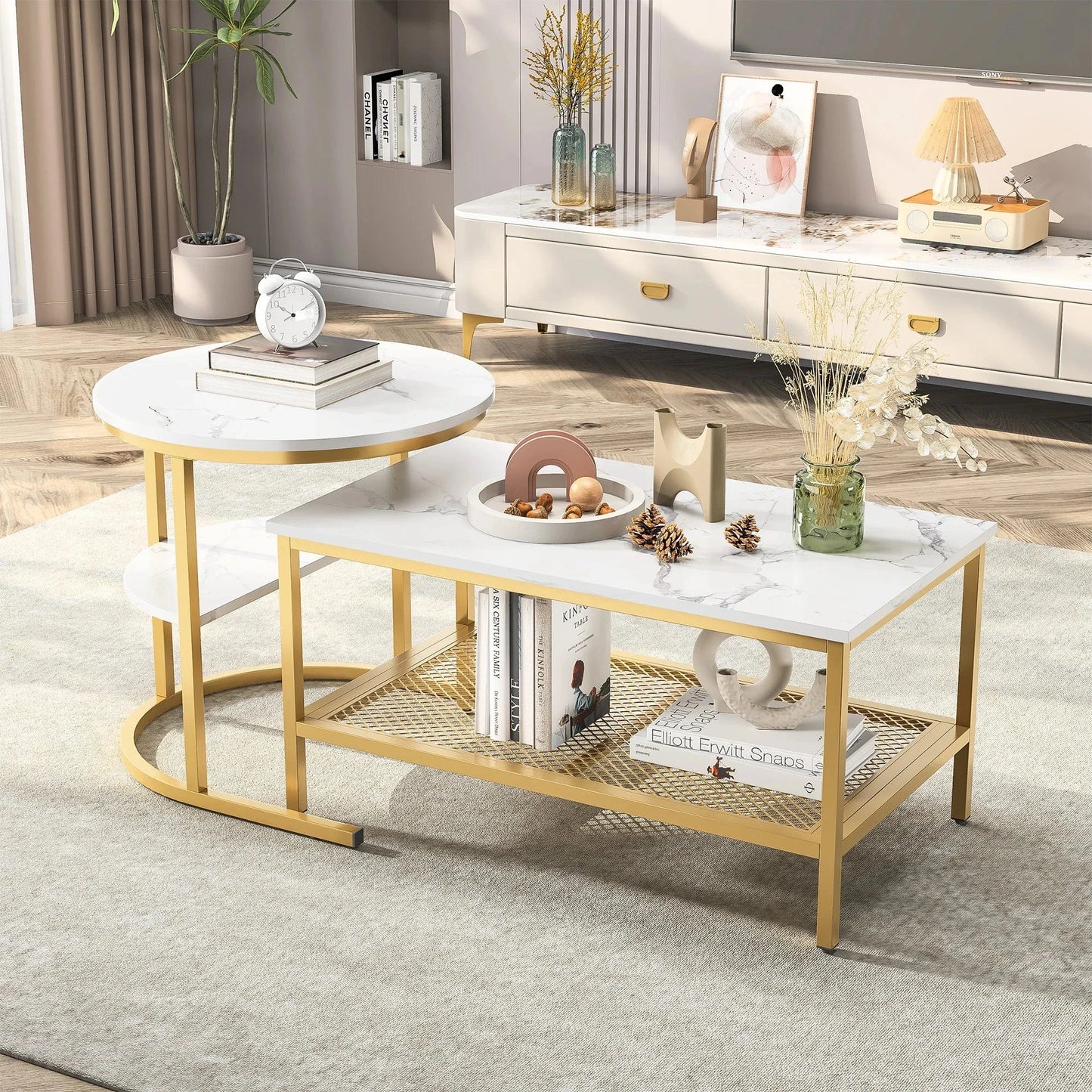 Table basse marbre blanc pied doré