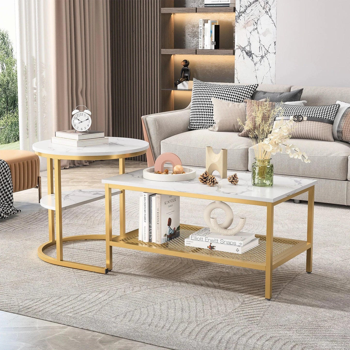 Table basse marbre blanc pied doré