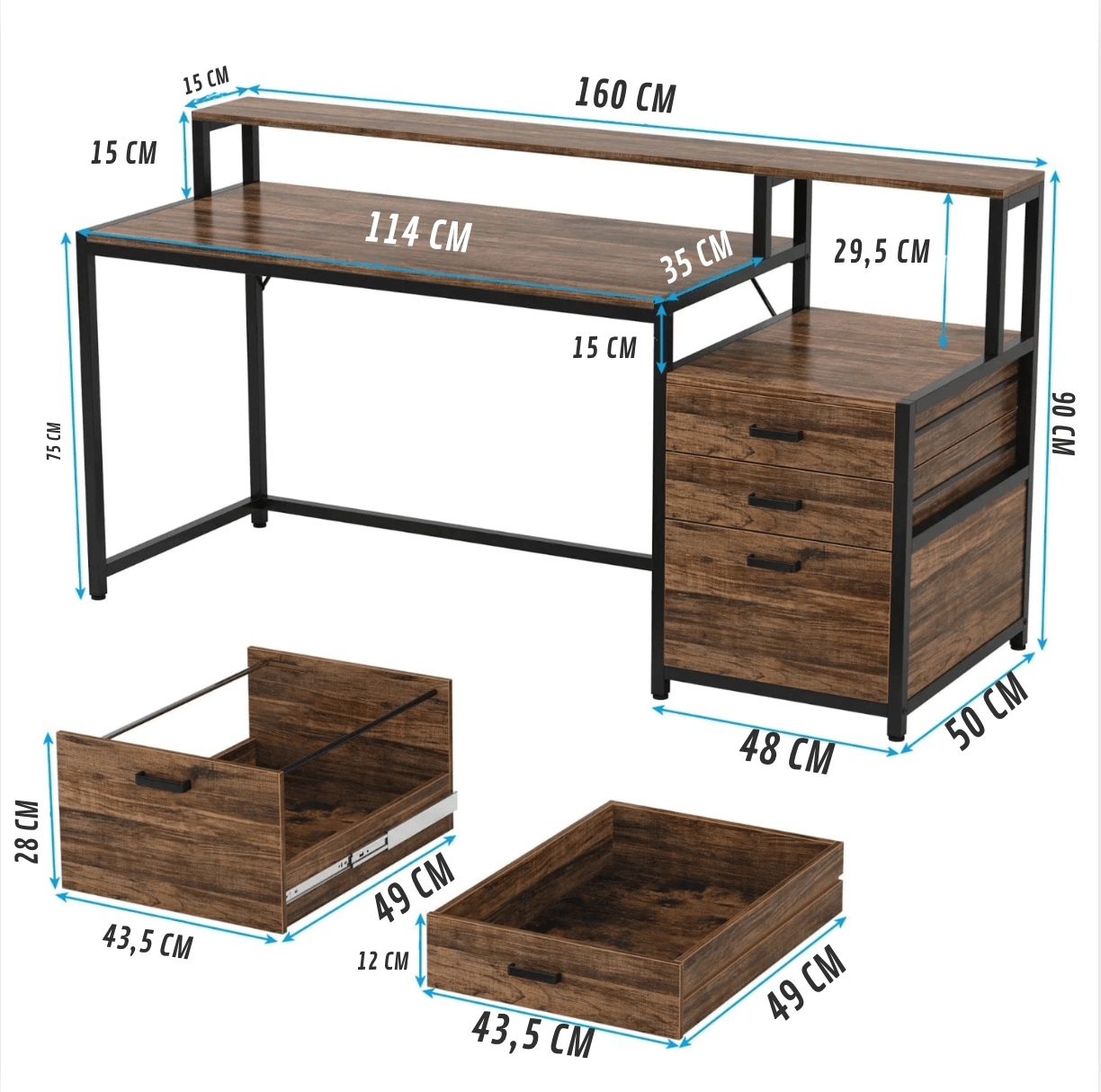 Bureau bois et metal avec rangements
