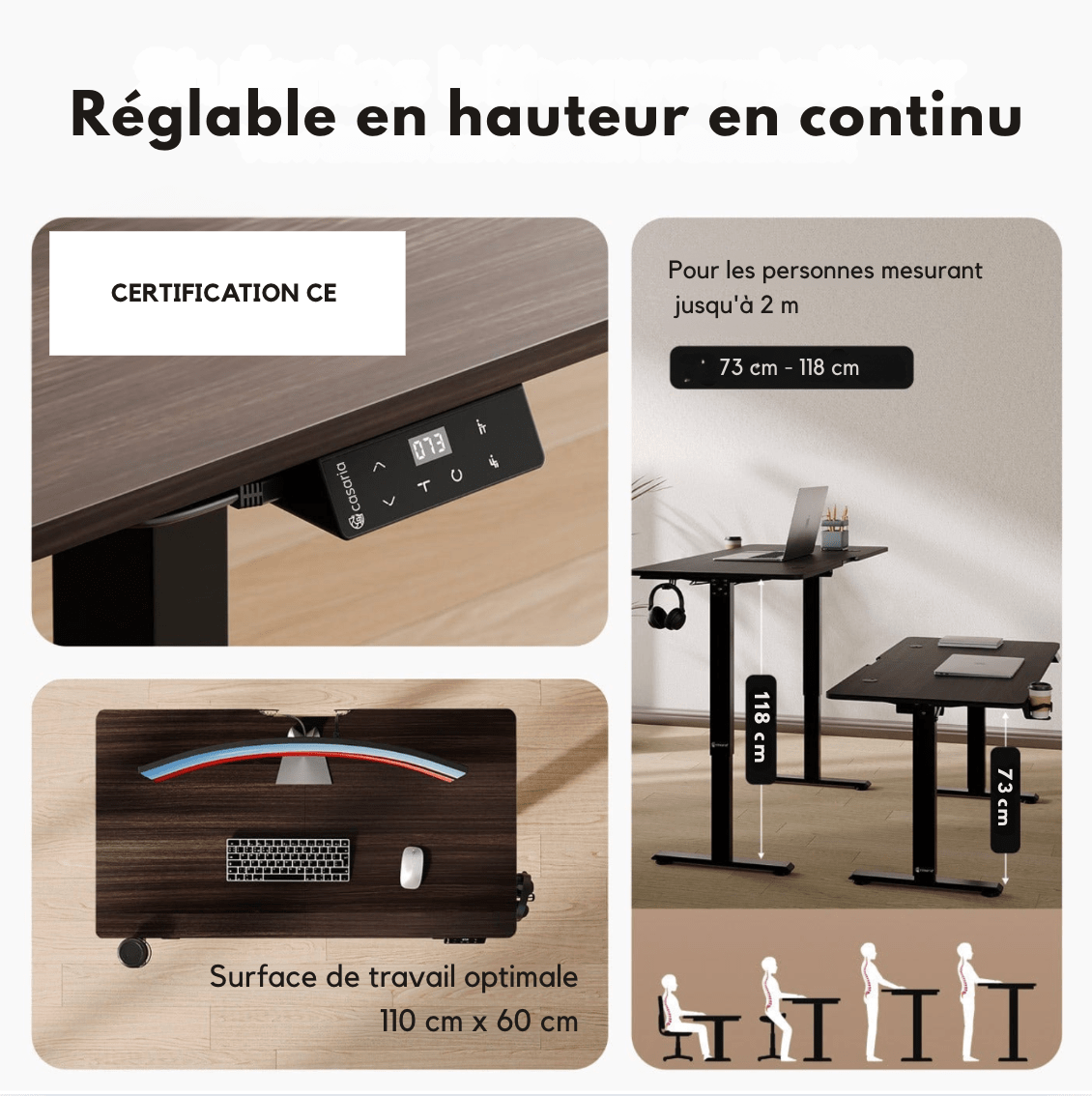 Bureau assis debout couleur ébène 110 cm