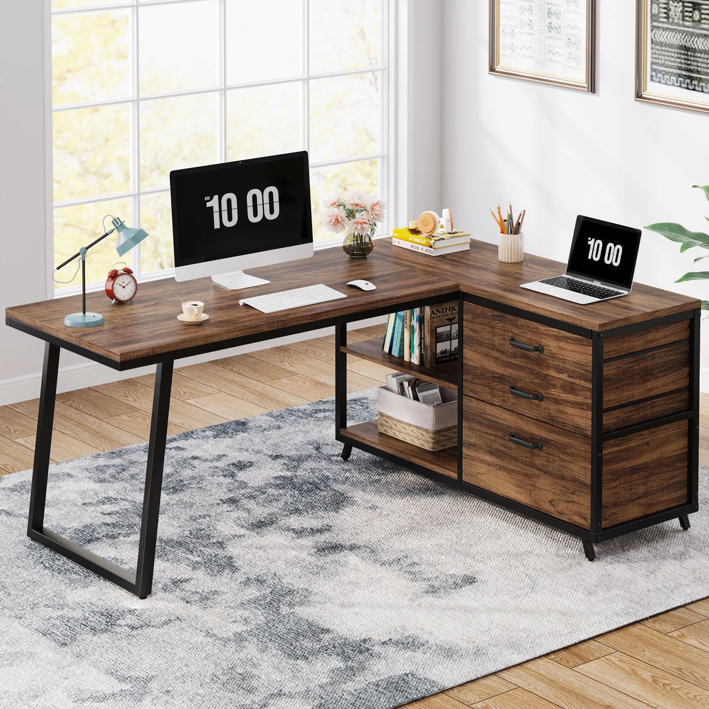 Bureau d'angle en bois avec rangement