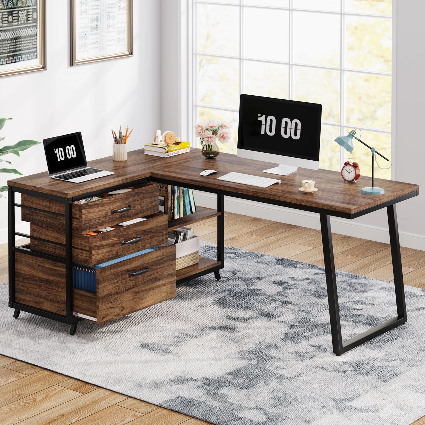 Bureau d'angle en bois avec rangement