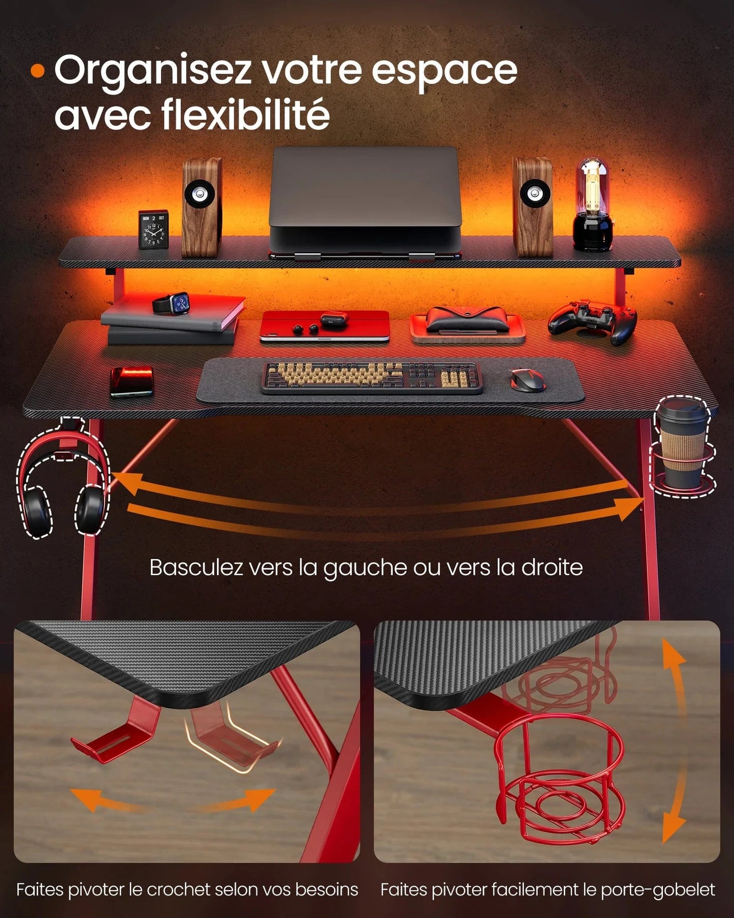 Bureau de gamer petit espace rouge et noir