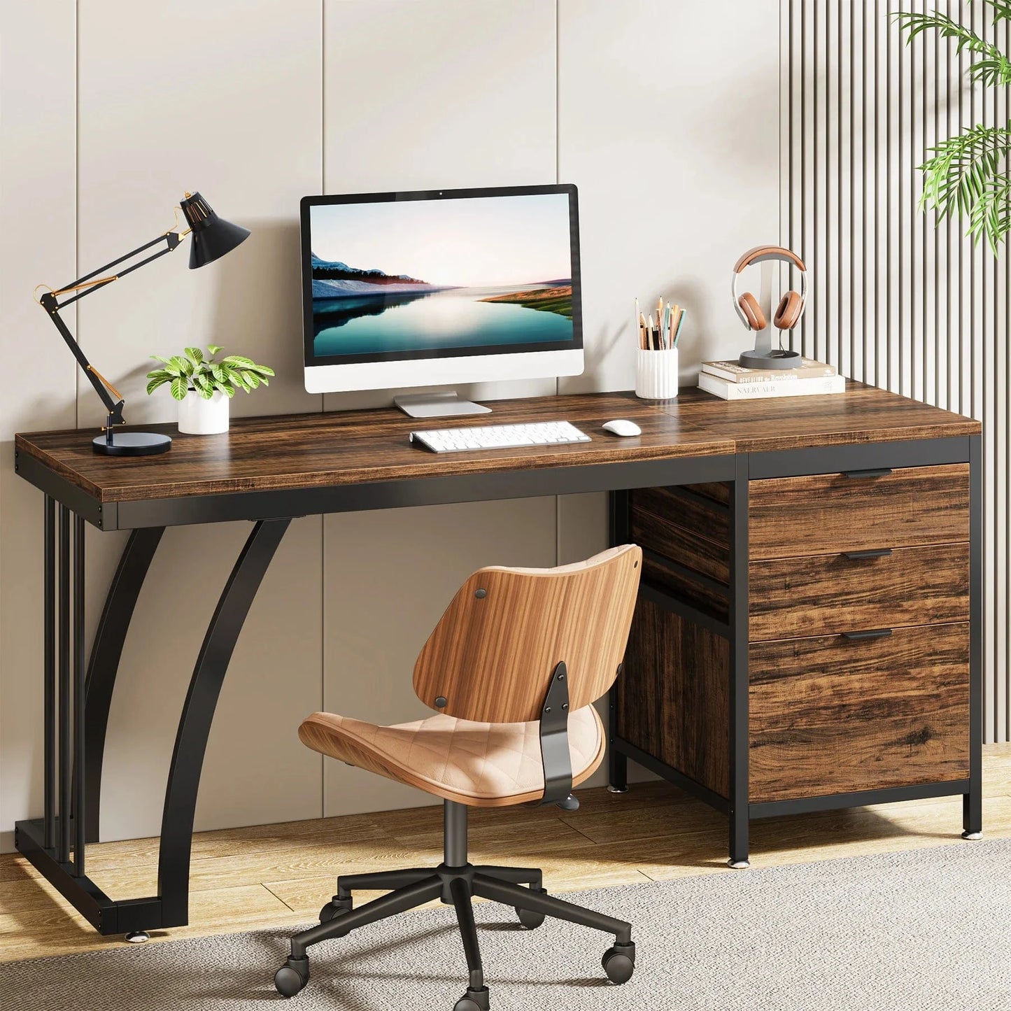 Bureau bois et metal noir