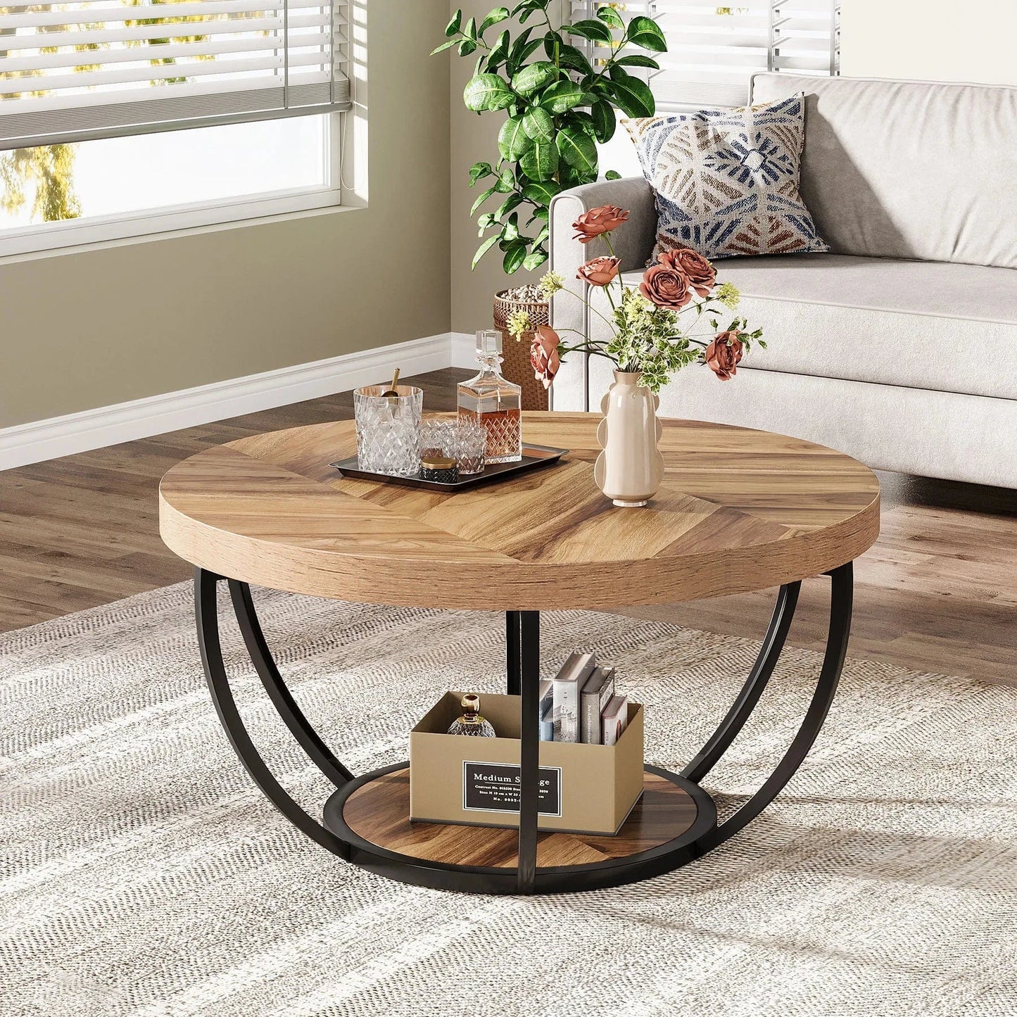 Table basse ronde bois et metal noir