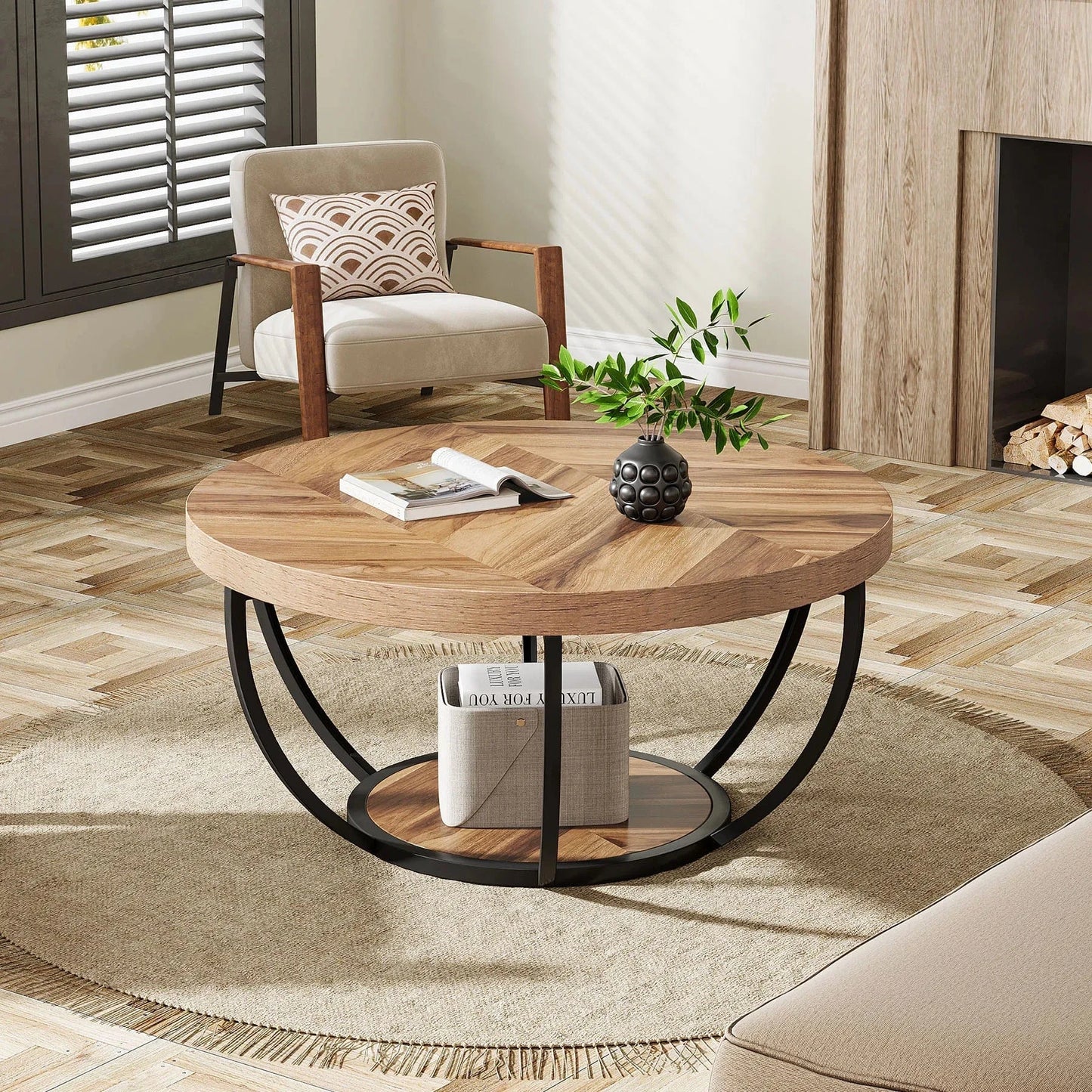 Table basse ronde bois et metal noir