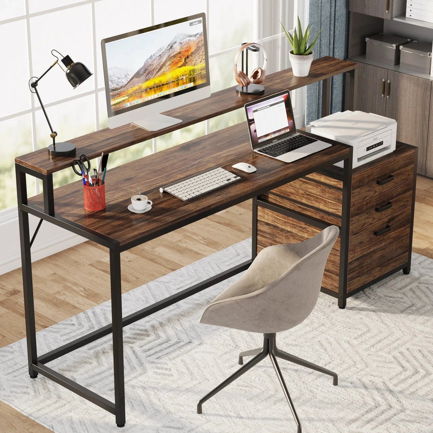 Bureau bois et metal avec rangements