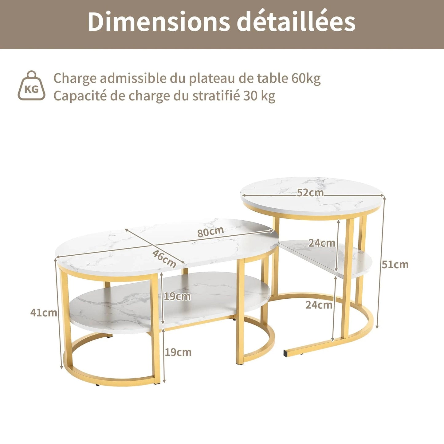 Table basse ronde en marbre blanc et fer doré