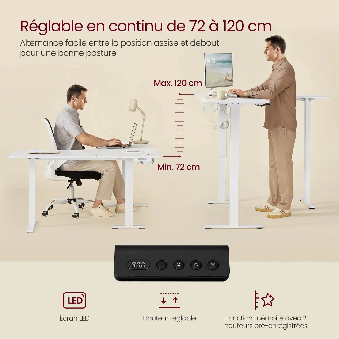 Bureau d'angle assis debout avec prise intégrée 140 x 160 cm
