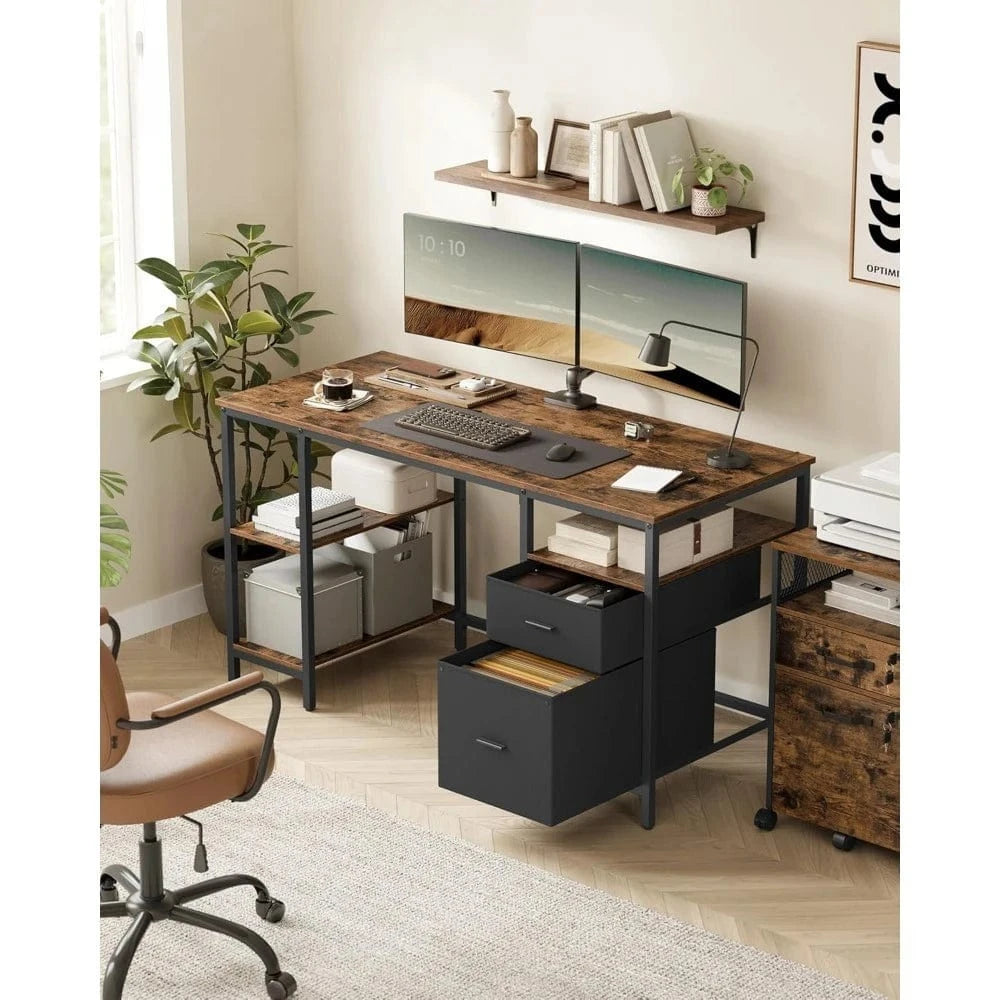 Bureau bois et noir 3 étagères, 2 tiroirs, 60 x 140 x 76 cm