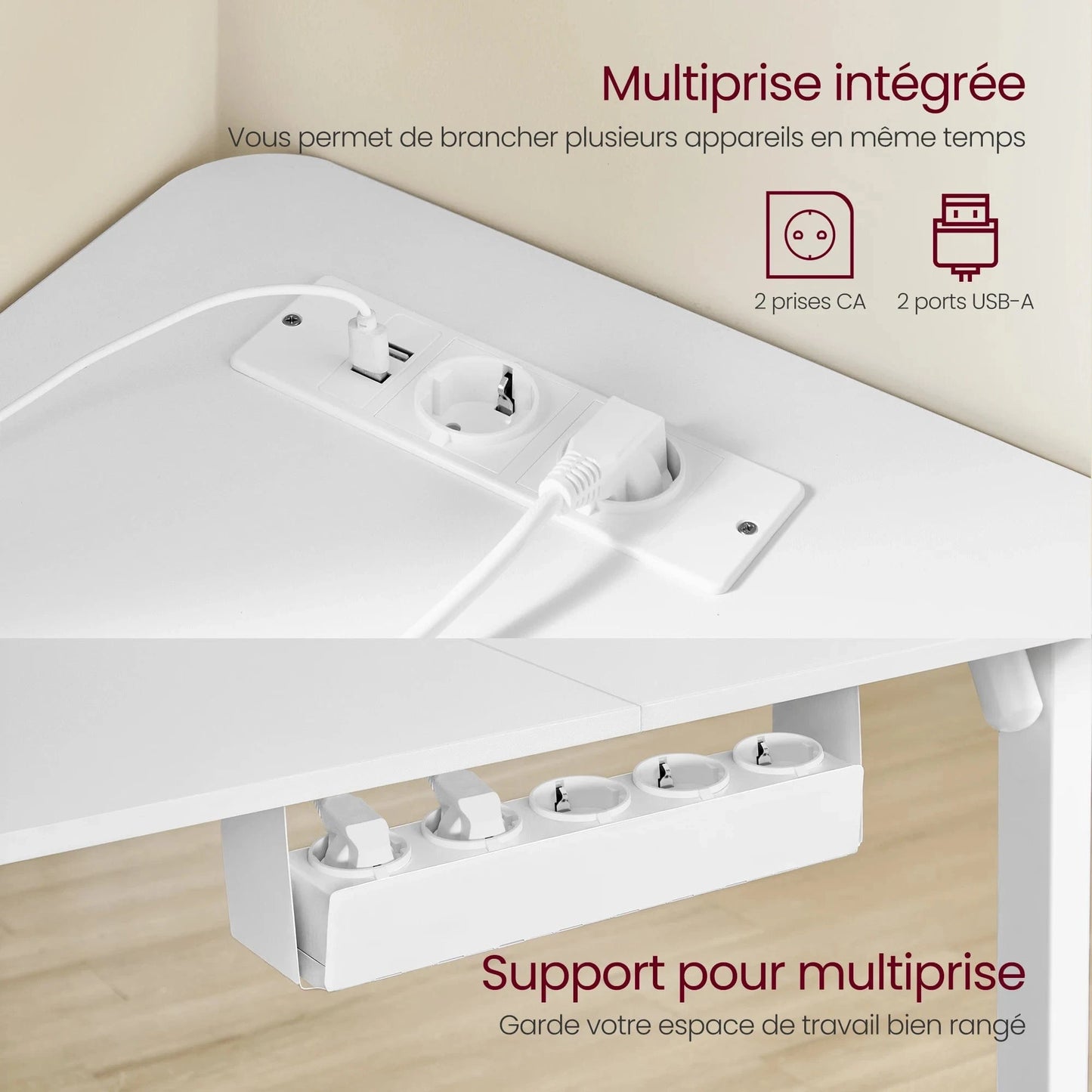 Bureau d'angle assis debout avec prise intégrée 140 x 160 cm