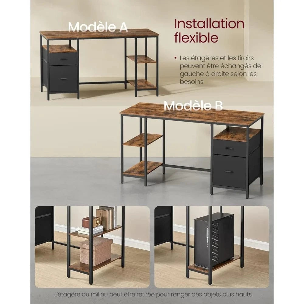Bureau bois et noir 3 étagères, 2 tiroirs, 60 x 140 x 76 cm