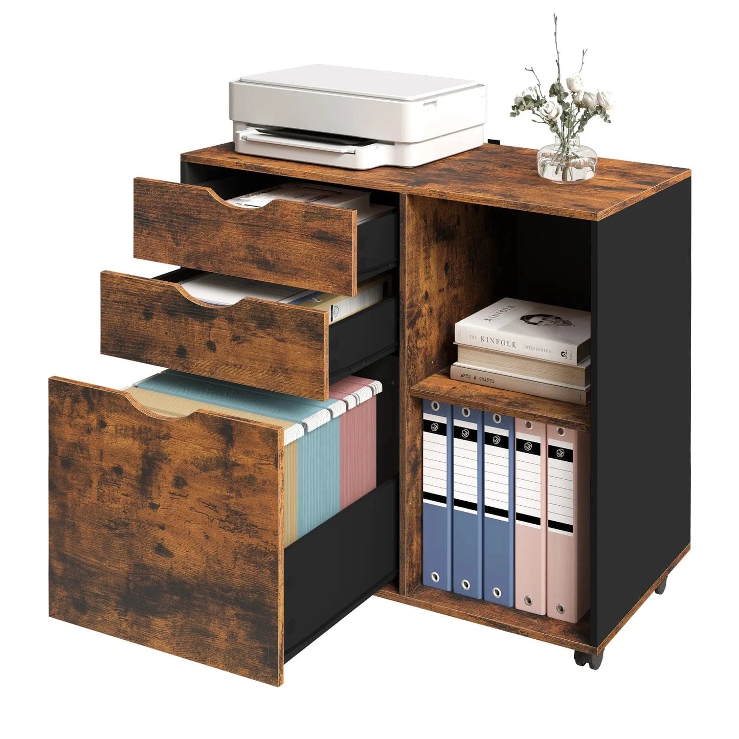 Caisson bureau à roulette en bois rustique