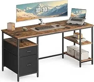 Bureau bois et noir 3 étagères, 2 tiroirs, 60 x 140 x 76 cm