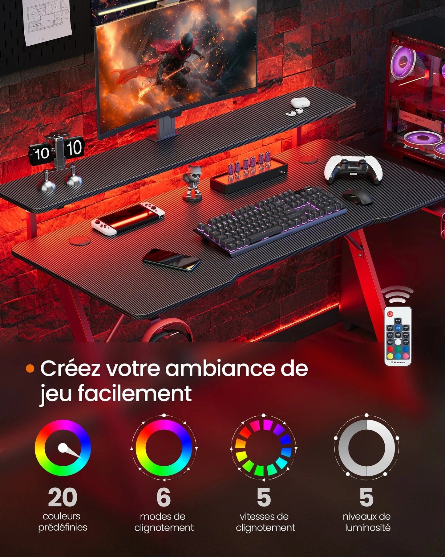 Bureau de gamer petit espace rouge et noir