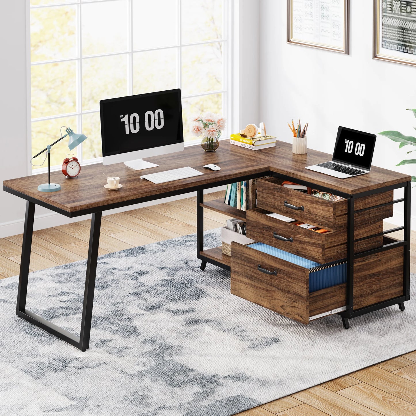 Bureau d'angle en bois avec rangement