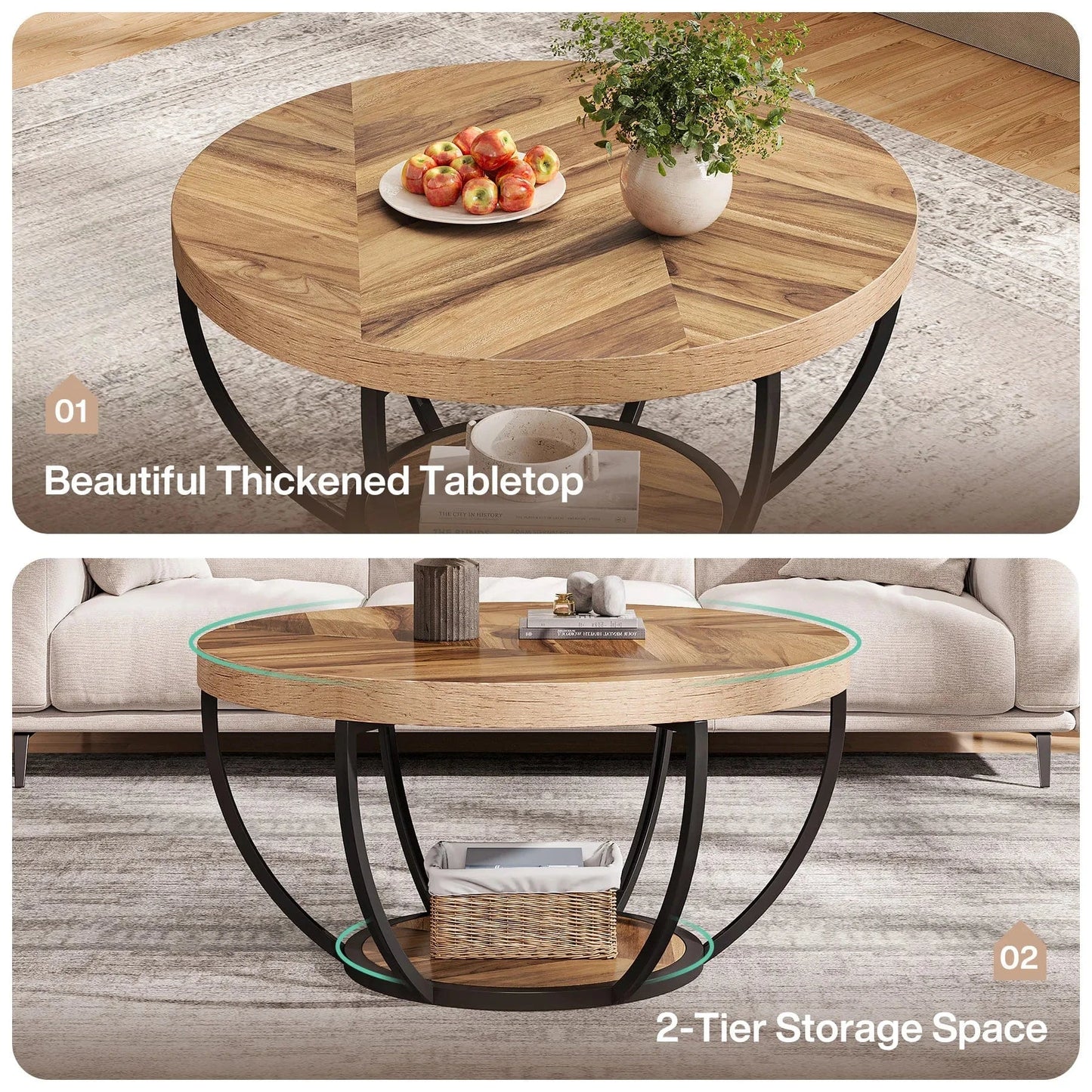 Table basse ronde bois et metal noir
