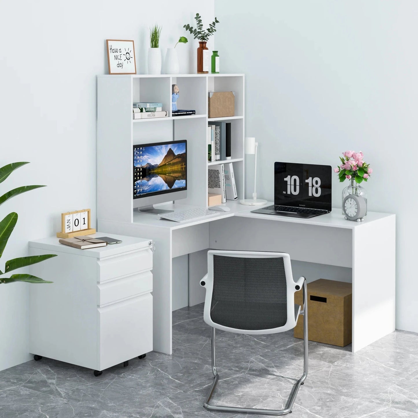 Bureau angle blanc avec etagere