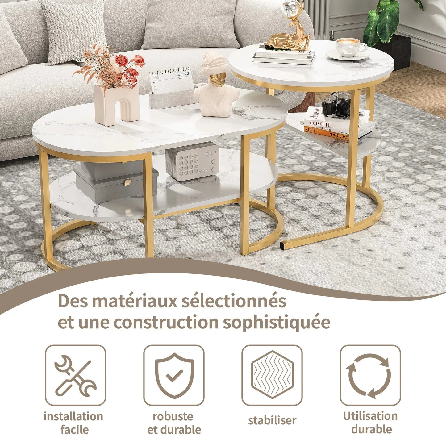 Table basse ronde en marbre blanc et fer doré