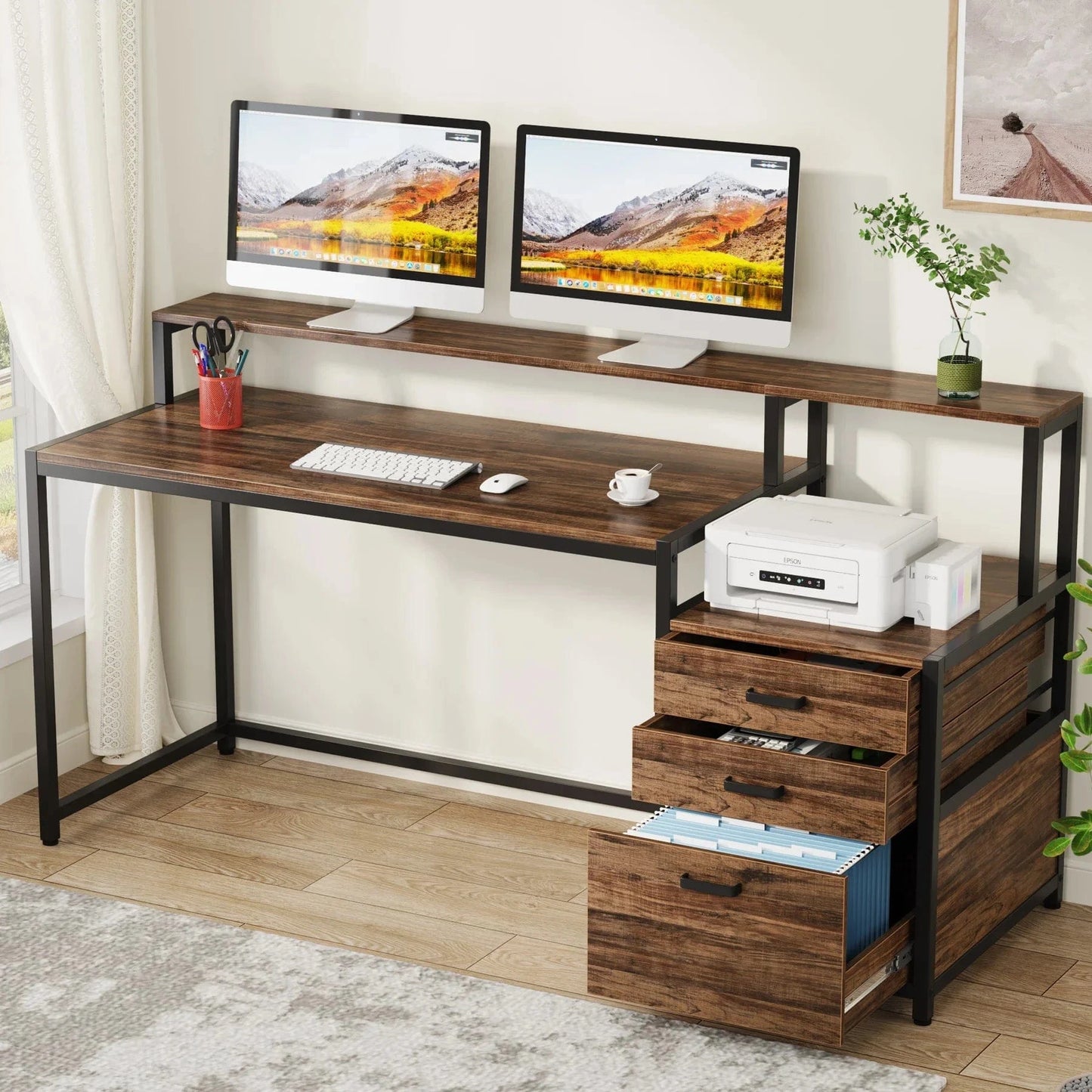 Bureau bois et metal avec rangements