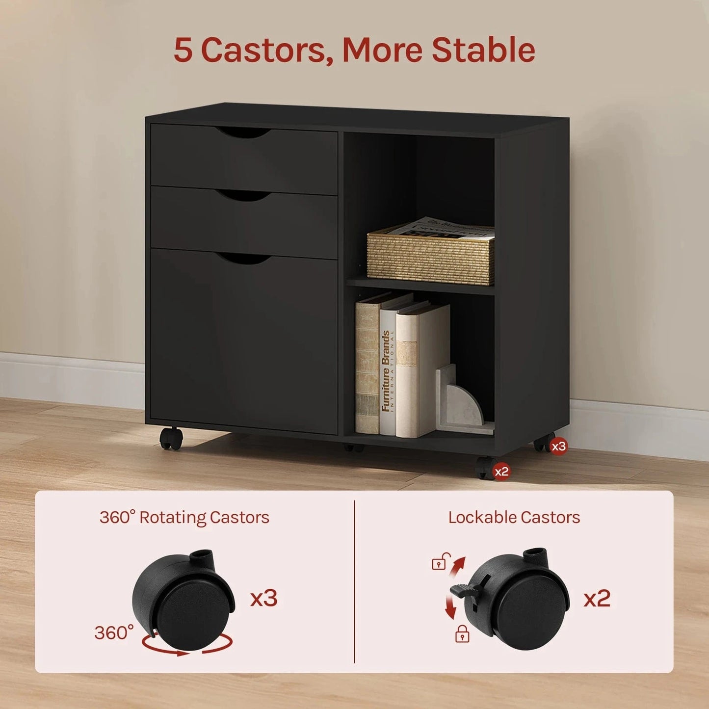 Caisson bureau à roulette en bois rustique