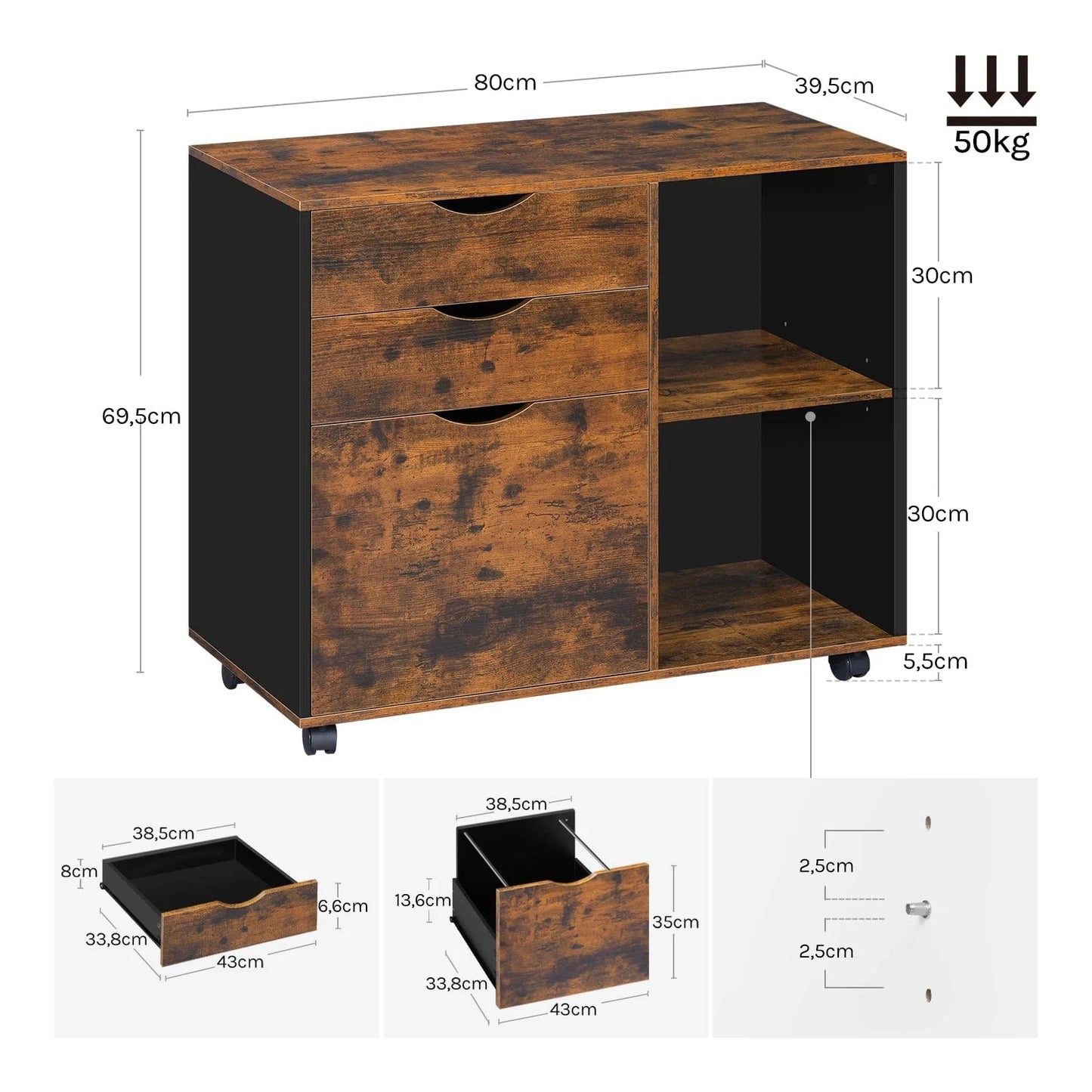 Caisson bureau à roulette en bois rustique