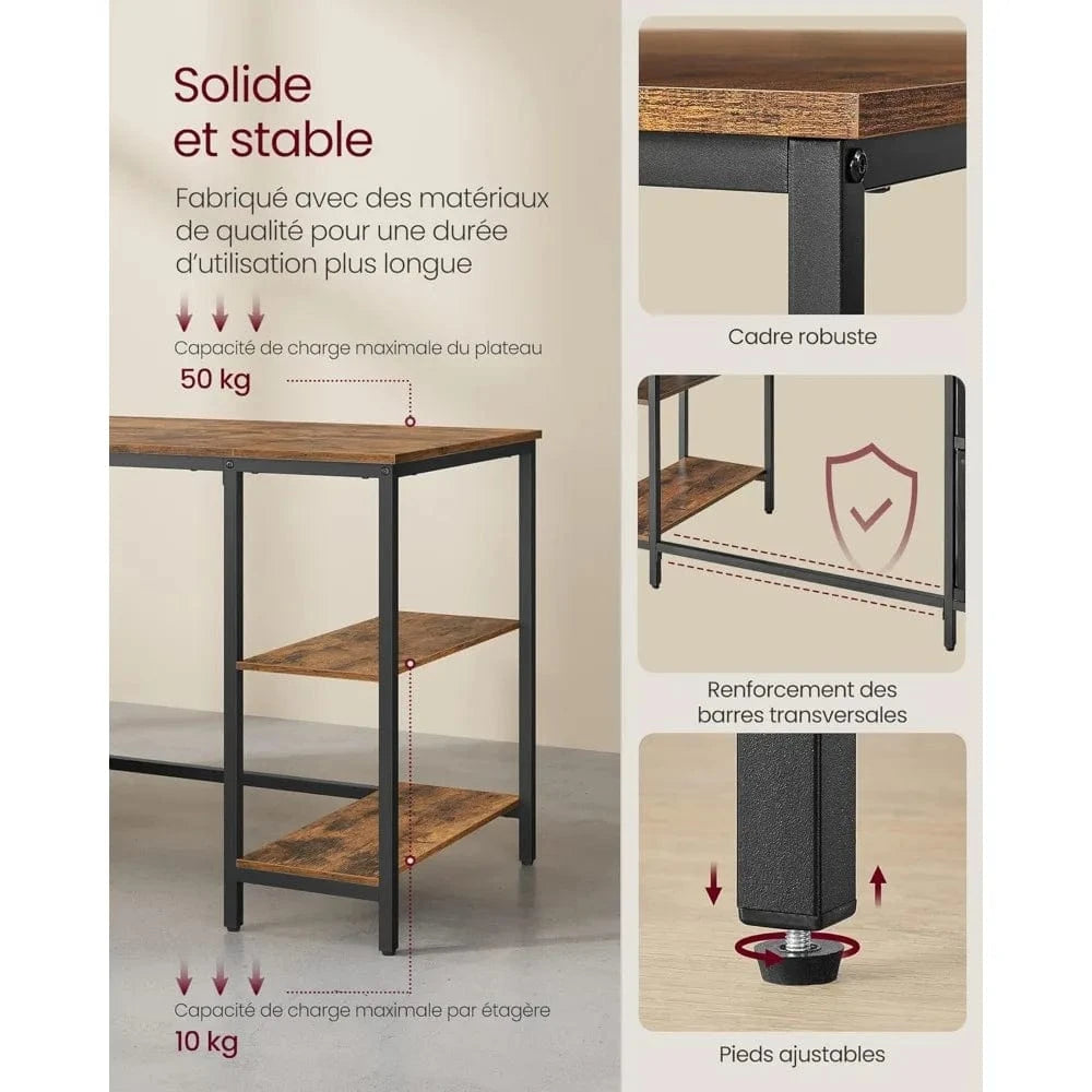 Bureau bois et noir 3 étagères, 2 tiroirs, 60 x 140 x 76 cm