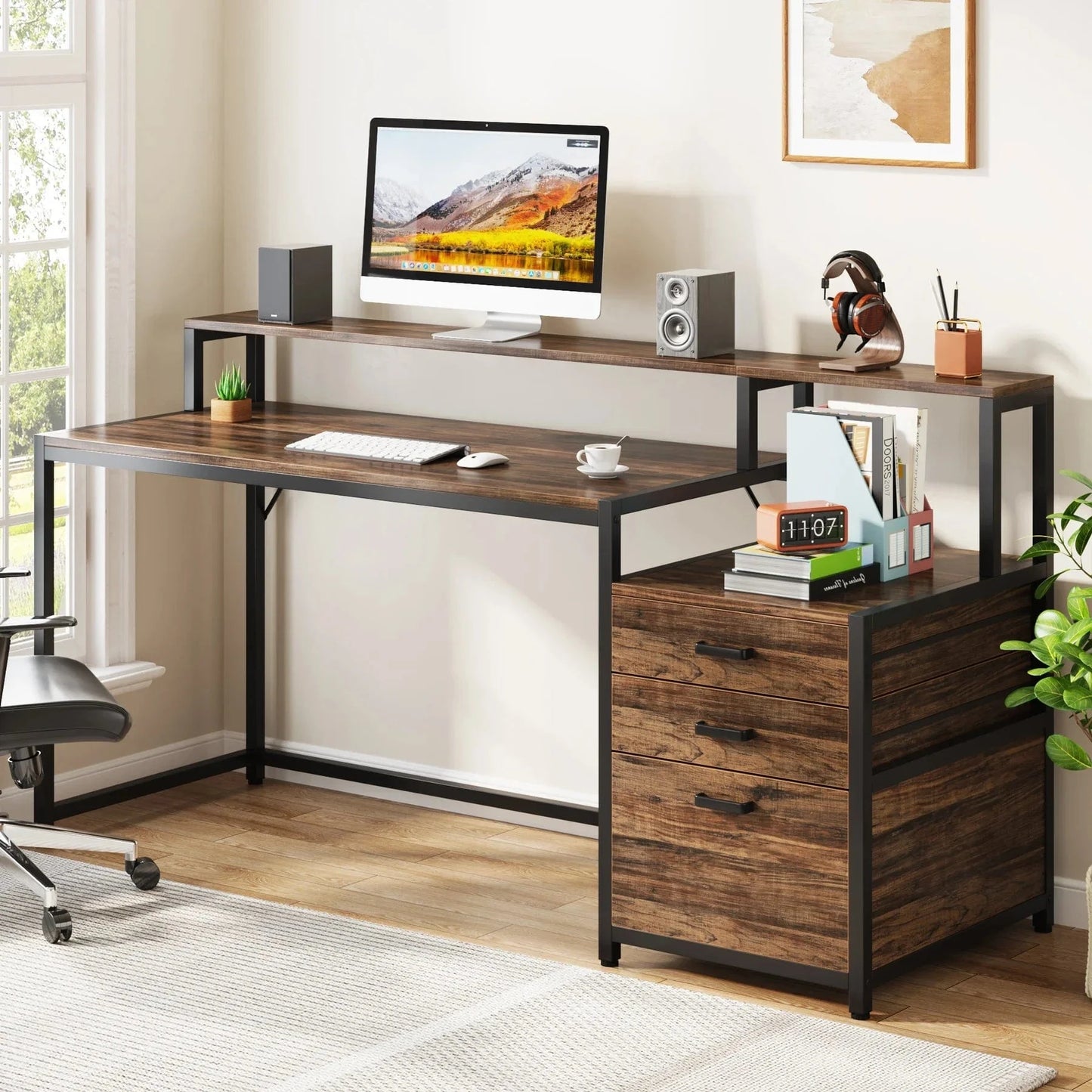 Bureau bois et metal avec rangements
