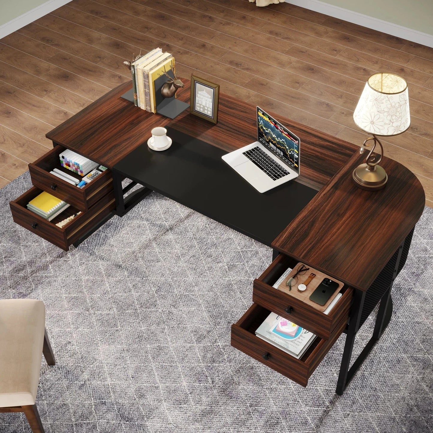 Bureau bois et noir 4 tiroirs