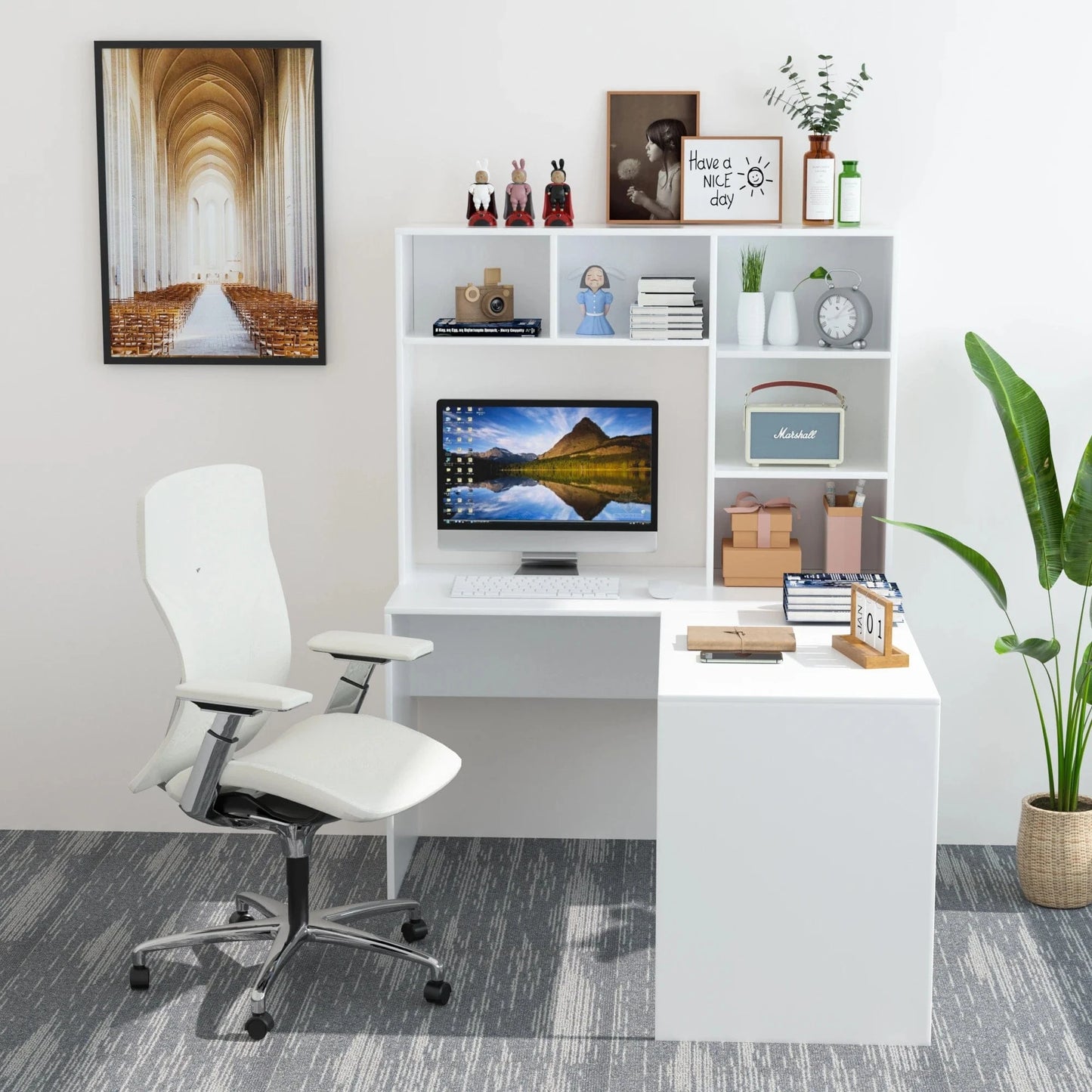 Bureau angle blanc avec etagere