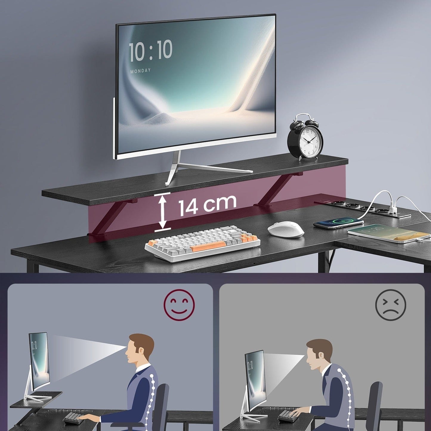 Bureau en L avec multiprise intégré, avec rehausseur d'écran, LED intégré, 2 tiroirs, 2 ports USB