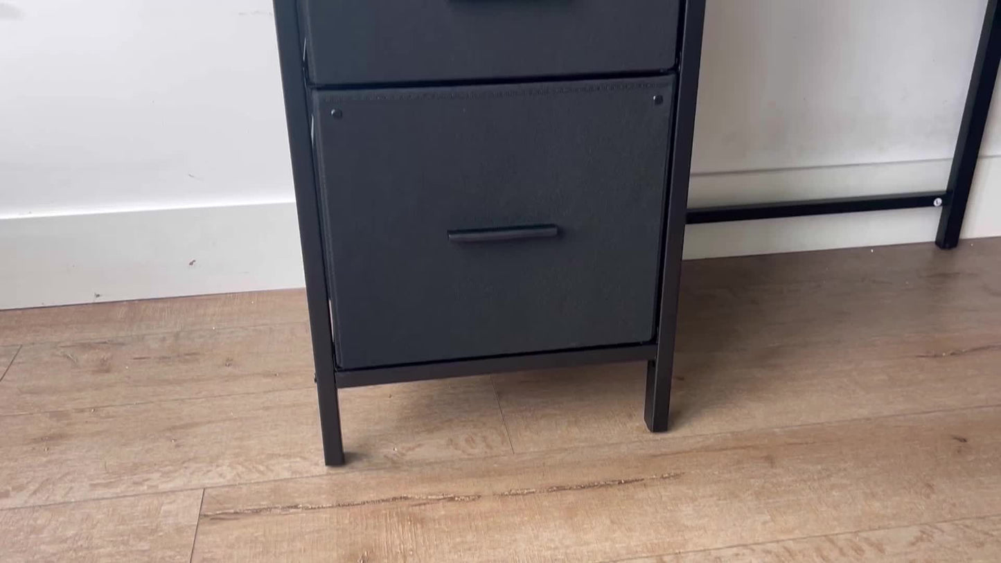 Bureau en L avec multiprise intégré, avec rehausseur d'écran, LED intégré, 2 tiroirs, 2 ports USB