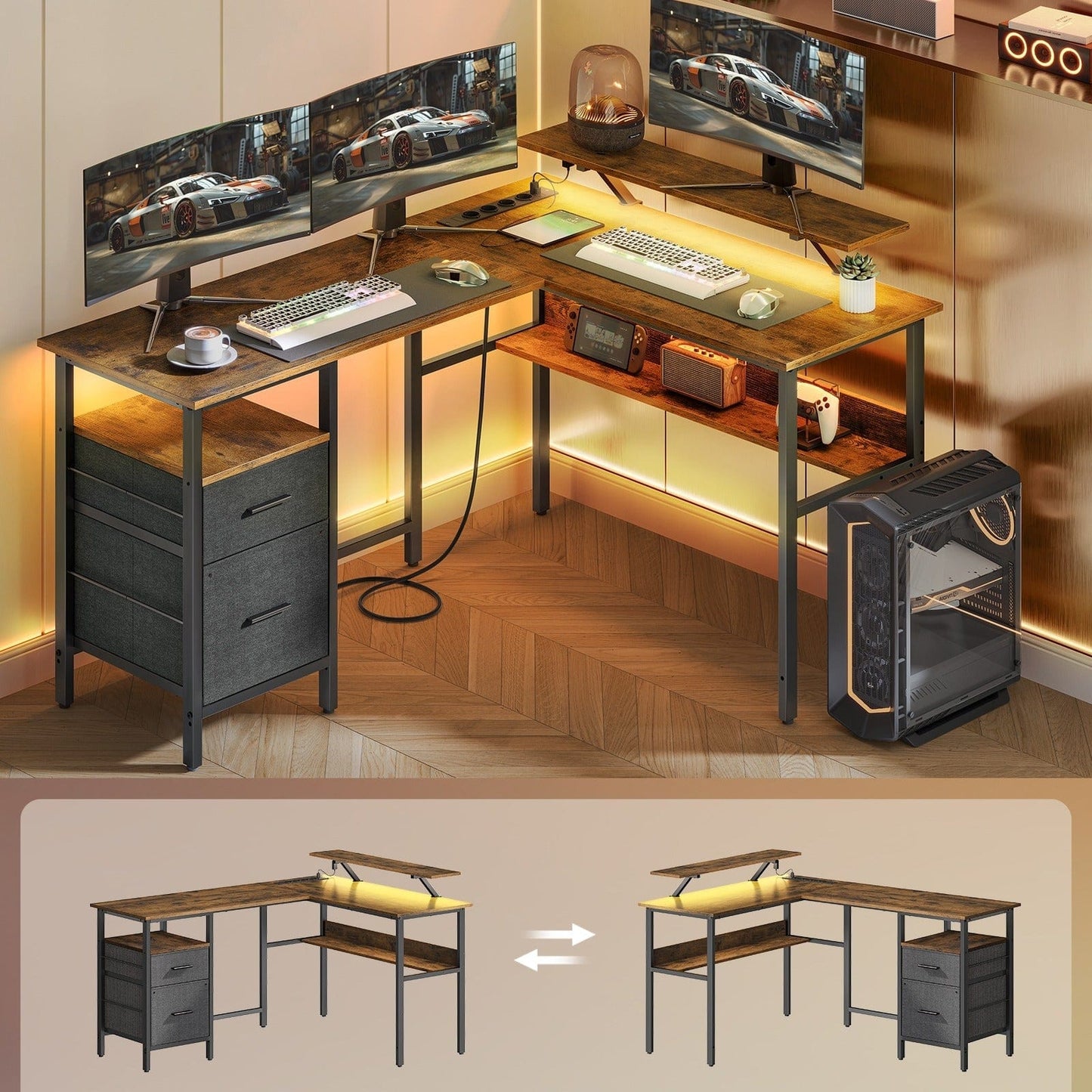 Bureau en L avec multiprise intégré, avec rehausseur d'écran, LED intégré, 2 tiroirs, 2 ports USB