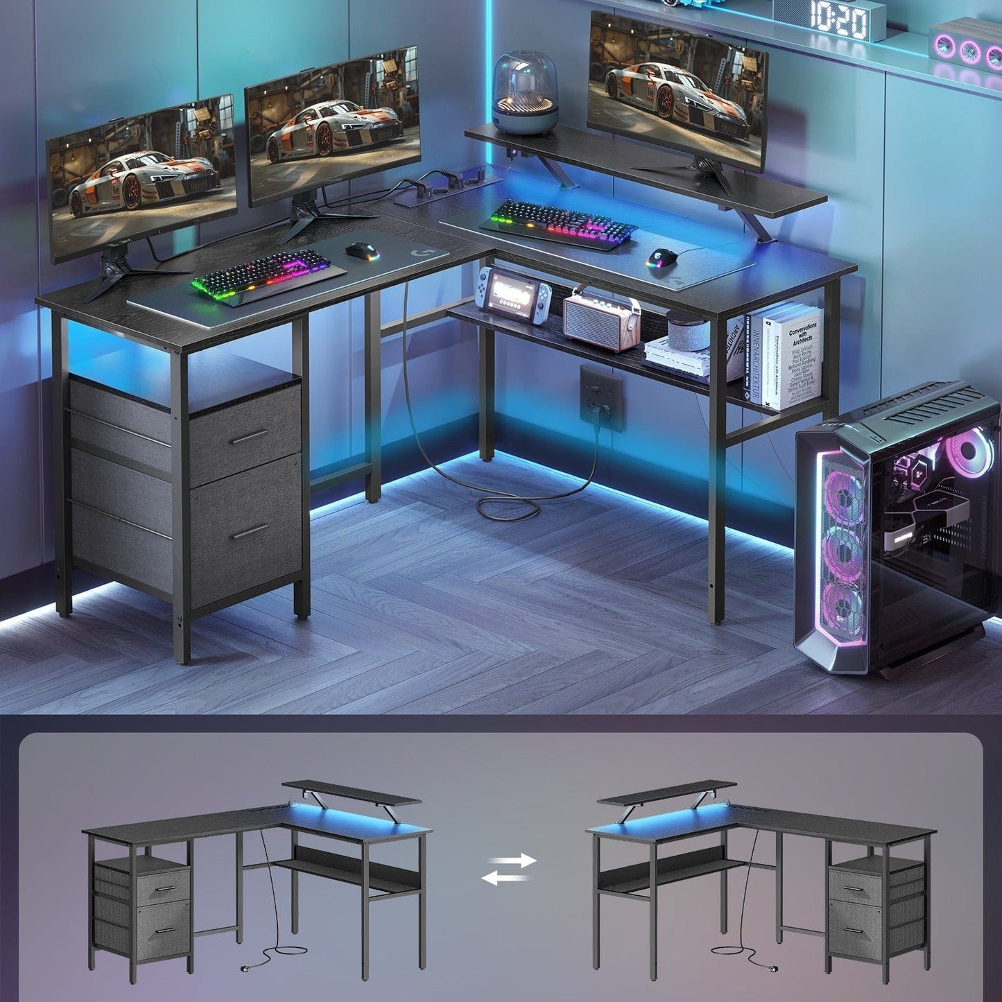 Bureau en L avec multiprise intégré, avec rehausseur d'écran, LED intégré, 2 tiroirs, 2 ports USB