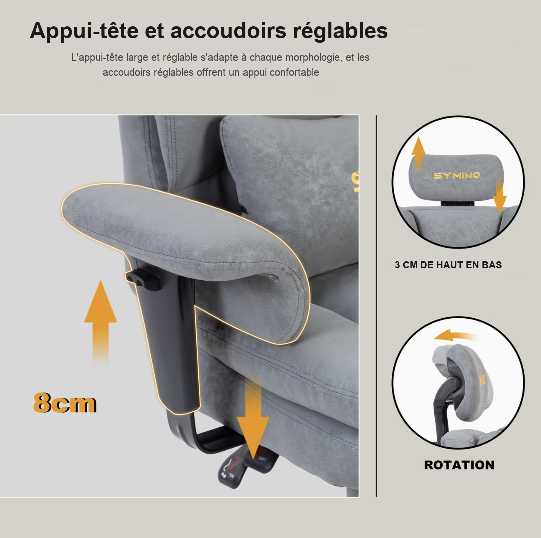 Appui-tête réglable sur 3 cm et pivotant, accoudoirs réglables sur 8 cm
