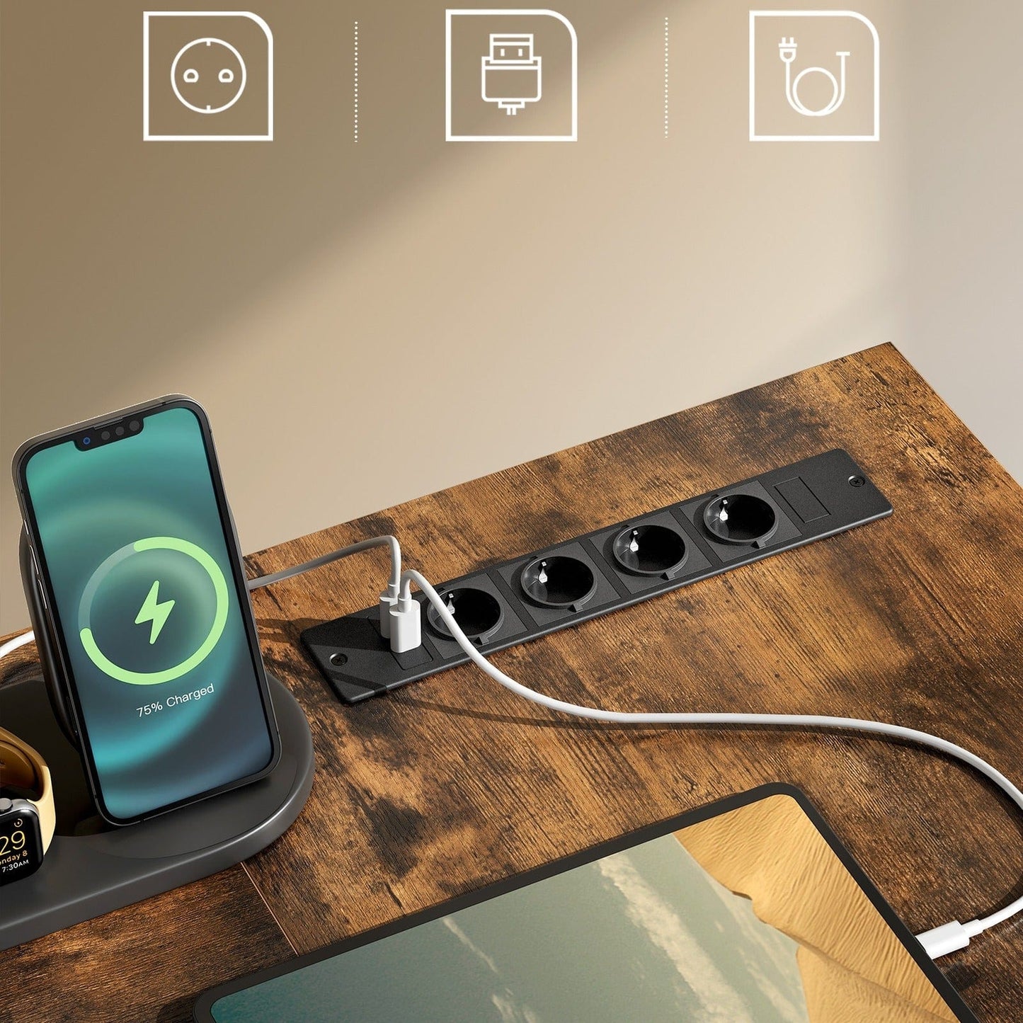 Bureau en L avec multiprise intégré, avec rehausseur d'écran, LED intégré, 2 tiroirs, 2 ports USB