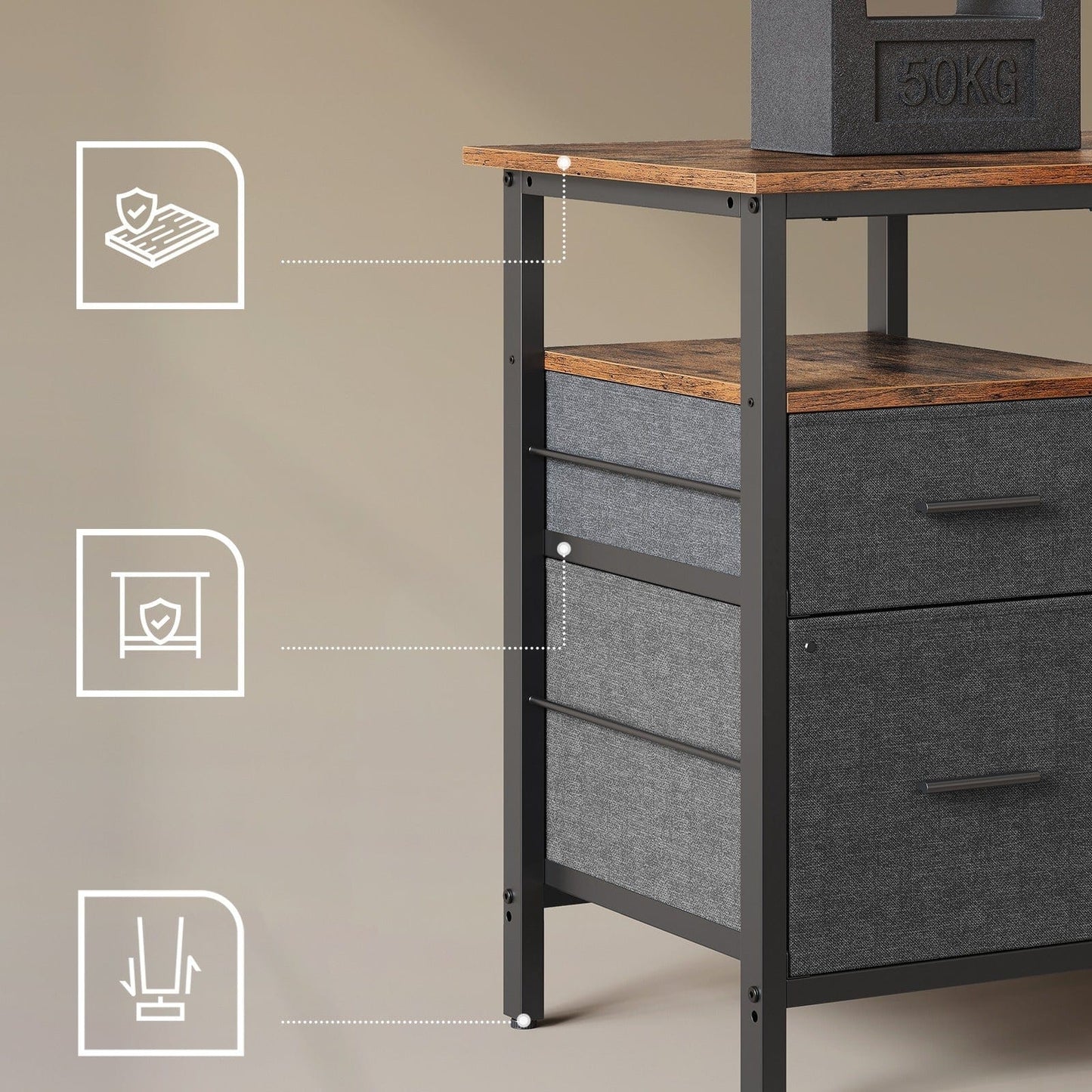 Bureau en L avec multiprise intégré, avec rehausseur d'écran, LED intégré, 2 tiroirs, 2 ports USB