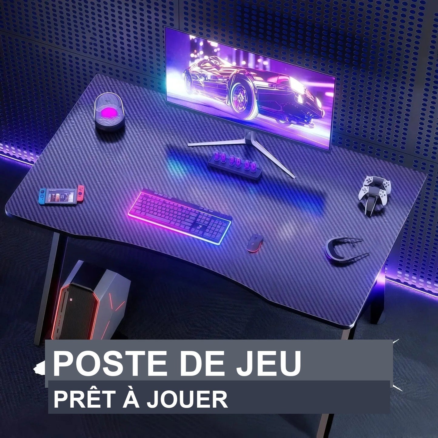 Plateau effet fibre de carbone du bureau gamer vu de dessus
