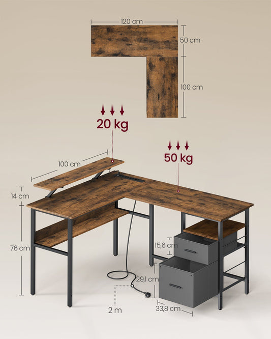 Bureau en L avec multiprise intégré, avec rehausseur d'écran, LED intégré, 2 tiroirs, 2 ports USB