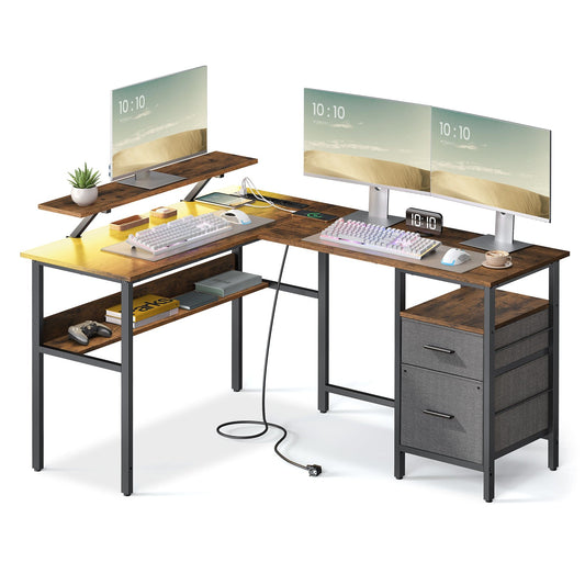 Bureau en L avec multiprise intégré, avec rehausseur d'écran, LED intégré, 2 tiroirs, 2 ports USB