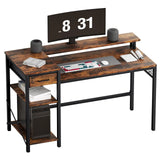 Bureau noir et bois avec étagère et rehausseur d'écran