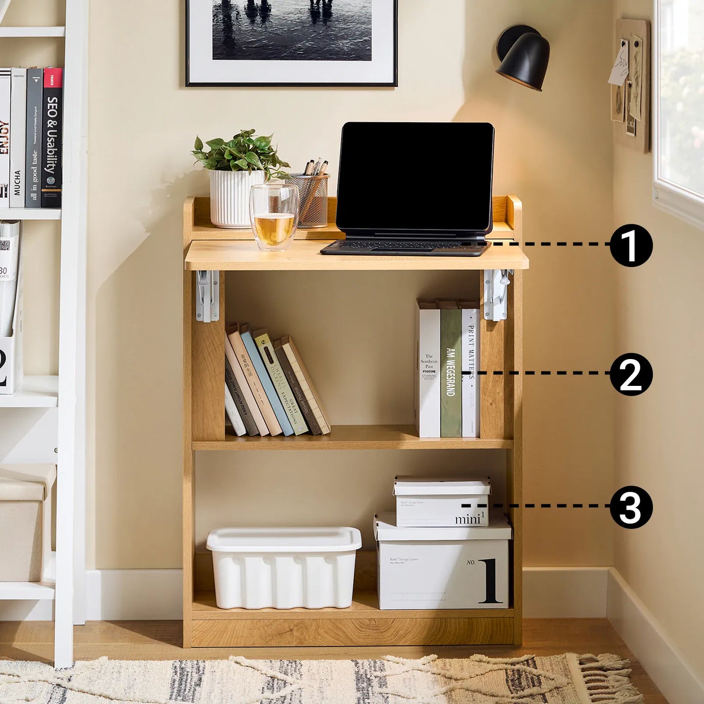 Bureau pliable petit espace avec étagère