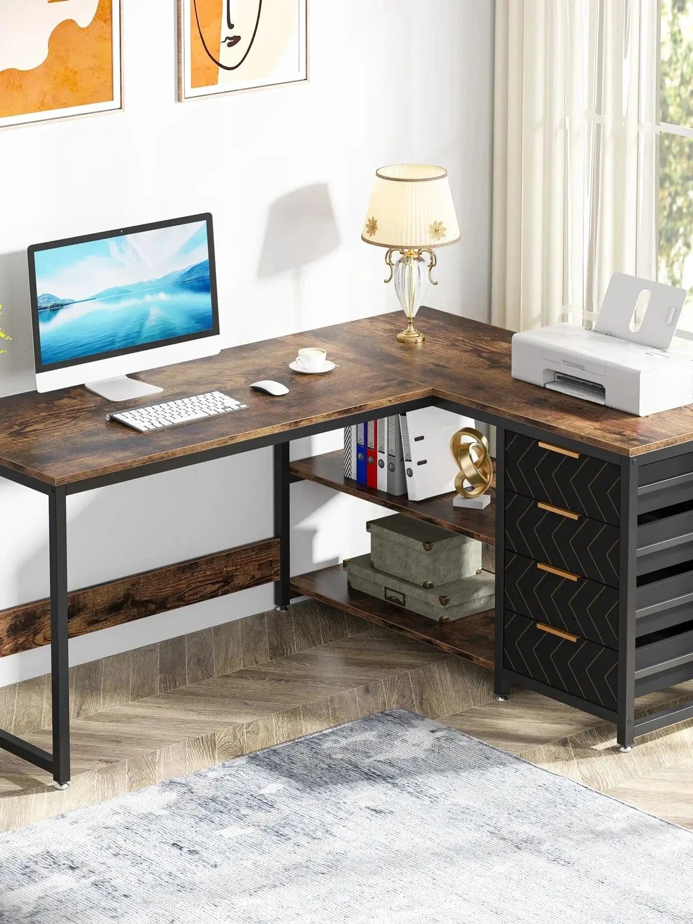 Bureau noir et bois avec rangement